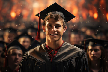 Obraz premium A graduate proudly holding their diploma against a backdrop of cheering friends and family, marking the significant achievement of completing a challenging academic journey. Generative Ai.