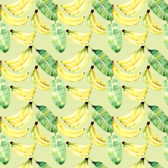 Seamless pattern with yellow bananas and banana leaves, summer tropical fruit pattern, watercolor, summer party, wedding, graphic resources, 300 dpi   