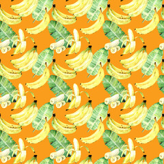 Seamless pattern with yellow bananas and banana leaves, summer tropical fruit pattern, watercolor, summer party, wedding, graphic resources, 300 dpi   