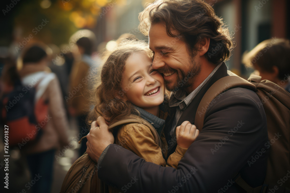Poster a parent hugging their child on the first day of school, encapsulating the mix of emotions that come