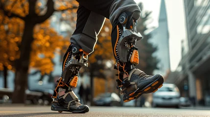 Fotobehang Empower your run with a robotic leg, merging technology and athleticism seamlessly. Unleash enhanced performance, turning strides into a testament of resilience and innovation. © Shunia