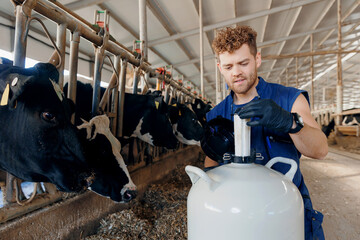 Concept artificial insemination of cows. Tank liquid nitrogen with bull sperm, Veterinary of...