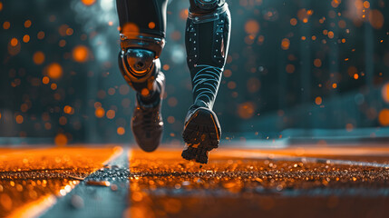 Empower your run with a robotic leg, merging technology and athleticism seamlessly. Unleash enhanced performance, turning strides into a testament of resilience and innovation. - obrazy, fototapety, plakaty