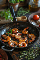 Fototapeta premium Big royal shrimps with lemon and sauce in frying pan. Close up. Seafood. AI Generated