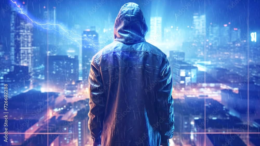 Poster hacker computer cybercriminal criminal with a jacket and a hood on the background of a big city at n