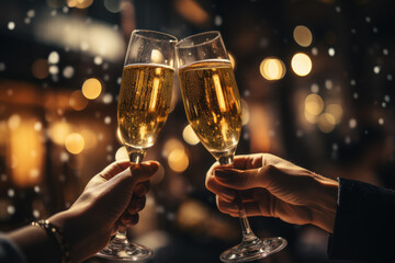 A close-up of hands clinking champagne glasses, capturing the sparkling effervescence and shared moments of joy on New Year's Day. Generative Ai.