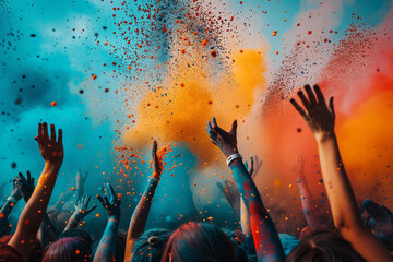 Photo people celebrating indian holi festival with colors - obrazy, fototapety, plakaty