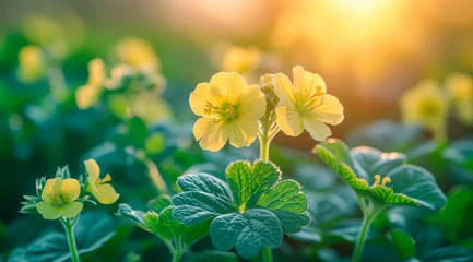 Foto op Plexiglas Bright yellow flowers of green pea plants with sunlight shining through the petals, AI generated © Rajesh