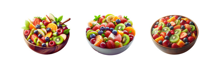 Collection Set of bowl of fruit salad, isolated over on transparent white background