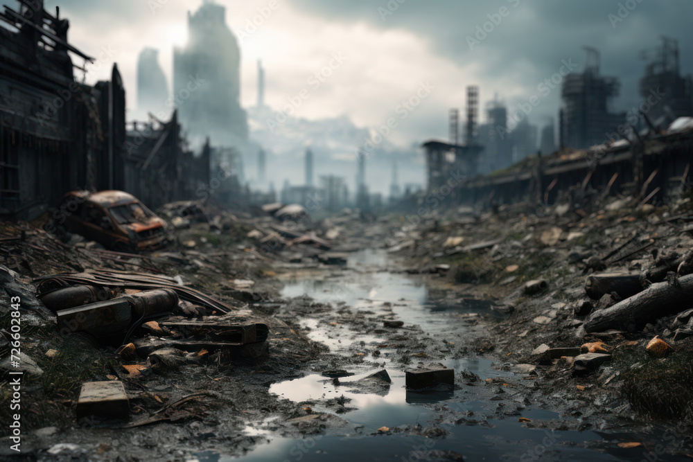 Poster navigate a dystopian cityscape, where cyberpunk elements intertwine with the desolation of an apocal