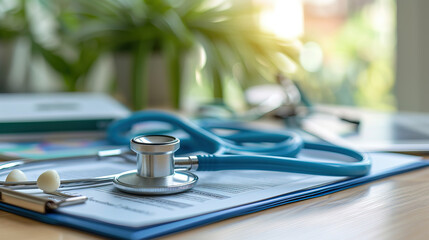 A stethoscope rests on the table, symbolizing care and healing. Each quiet moment before use echoes the dedication of medical professionals, ready to listen and diagnose with precision.