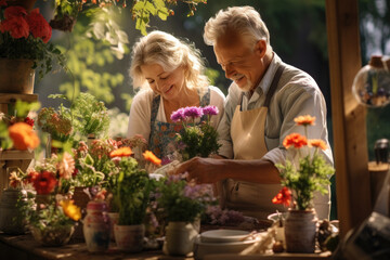 Elderly couple gardening together, symbolizing growth, nurturing, and companionship. Concept of active and shared hobbies in retirement. Generative Ai.