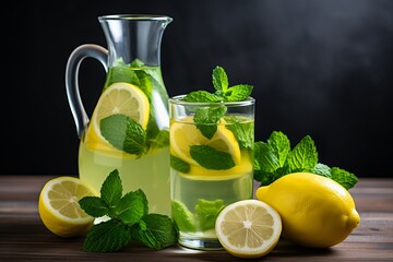 Homemade lemonade with fresh mint, slices of cool cucumber, and zesty lemon on a neutral background