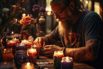 Person crafting handmade candles, adding unique scents and colors. Concept of creative hobbies and artisanal craftsmanship. Generative Ai. - obrazy, fototapety, plakaty