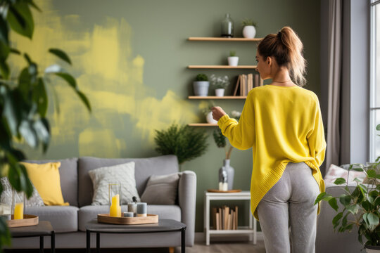 Homeowner painting a room with vibrant colors, refreshing their living space. Concept of home improvement and personalization. Generative Ai.