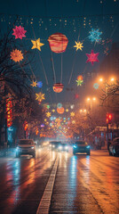 Hefei scene with traffic lights in the background of street. Festive lights and decorations