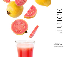 Creative layout made of guava and guava juice on the white background. Flat lay. Food concept. Macro concept.