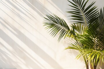 Tropical palm leaf shadows. appealing composition on white wall with ample text space