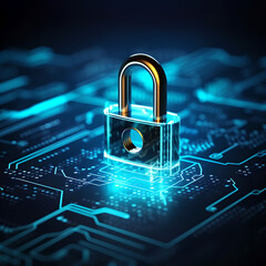 A digital padlock for a computing system on a dark blue background , concept of cyber security technology for preventing fraud and protecting privacy in data networks , technology background