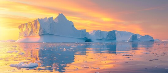 Large ice mass in Greenland on the Arctic Ocean during sunset