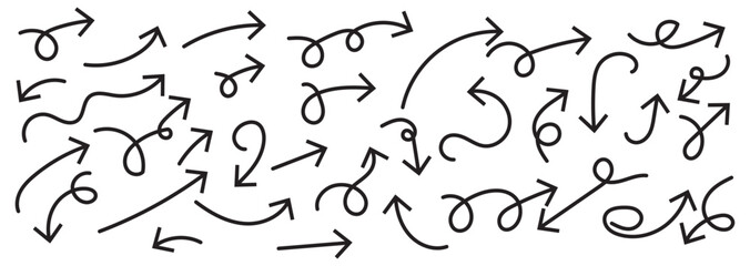 Hand drawn arrows collection Set simple flat arrows isolated on white background. Arrow mark icons and arrow paint. Stock vector