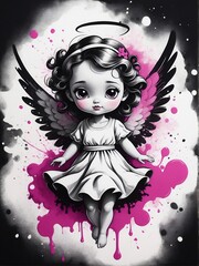 Angel, cute girl angel in watercolor, cartoon, isolated on white background, color splash	