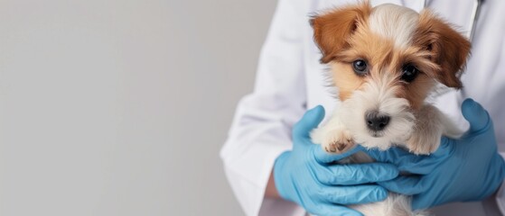 Veterinary banner with small cute dog on hands of veterinarian doctor