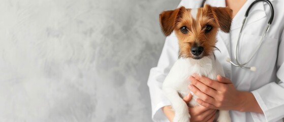 Veterinary banner with small cute dog on hands of veterinarian doctor