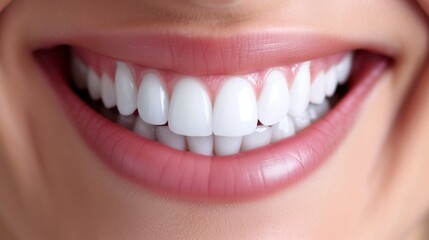 Obraz premium Tooth whitening, perfect white teeth close up facing to the camera, female toothy veneer smile, dental care and stomatology