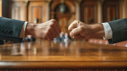 Fists of two election candidates against the background of the election commission. Presidential race concept. Tough competition.