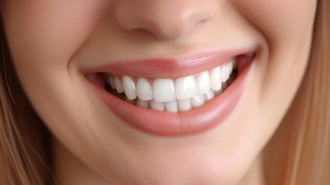 Tooth whitening, perfect white teeth close up facing to the camera, female toothy veneer smile, dental care and stomatology