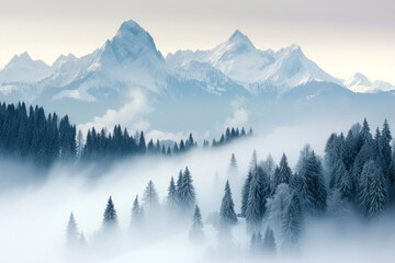 Obraz premium A serene and misty mountain landscape, with snow-capped peaks towering over a forest of pine trees enveloped in fog