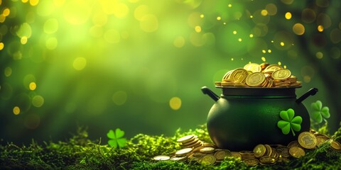 Banner st patricks day with treasure of leprechaun, pot full of golden coins and shamrocks on festive green background - obrazy, fototapety, plakaty
