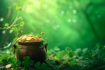 Banner st patricks day with treasure of leprechaun, pot full of golden coins and shamrocks on festive green background