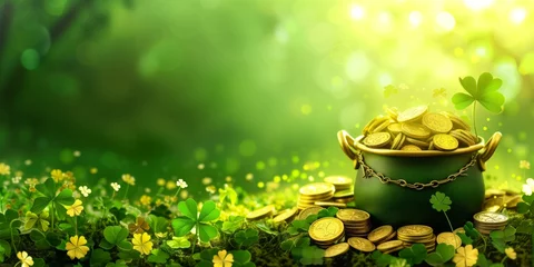 Foto op Canvas Banner st patricks day with treasure of leprechaun, pot full of golden coins and shamrocks on festive green background © Tymofii