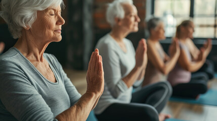 Elderly women doing fitness at home. Yoga classes for pensioners. The concept of a healthy lifestyle in old age.