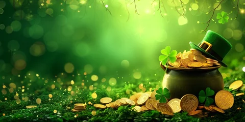 Foto op Canvas Banner st patricks day with treasure of leprechaun, pot full of golden coins and shamrocks on festive green background © Tymofii