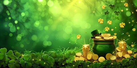 Banner st patricks day with treasure of leprechaun, pot full of golden coins and shamrocks on festive green background