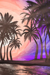 Fototapeta na wymiar Seascape with palm trees at sunset, neon, silhouettes of palm trees, reflection in the water.