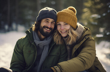 Um jovem casal feliz com roupas de frio