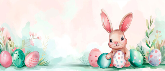 Obraz premium Watercolor Illustration Easter Rabbit and Easter Egg. Copyspace