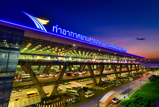 Bangkok -January 7,2024 : Suvarnabhumi Airport at twilight, This airport is largest single building airport terminal designed by Helmut Jahn.