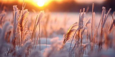 Obraz premium Transformation of Tall Grass Field in a Gentle Snowfall - Winter Bliss