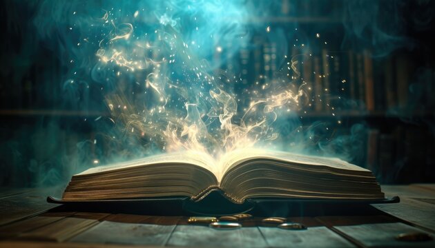 Opened fantasy book with lights and smoke coming out of pages