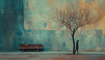 Minimalistic depression background with lonely person walking in the empty evening street, sadness backdrop - obrazy, fototapety, plakaty