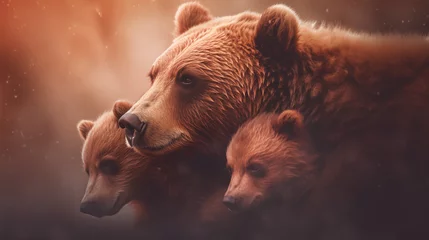Foto op Aluminium Wild brown bear and adorable cub in a zoo exhibit, showcasing the majestic ursus arctos species with their furry, dangerous charm © Preeyada