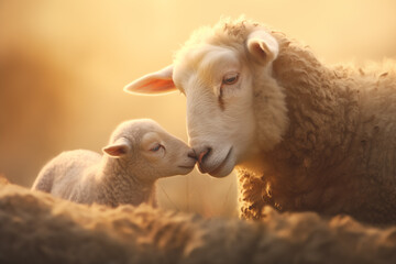 Obraz premium Sheep and lambs graze peacefully in a green meadow on a rural farm, showcasing the adorable charm of farm animals in a springtime setting