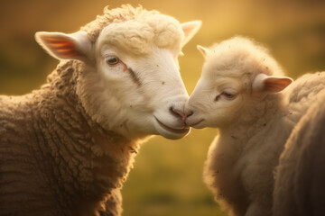 Fototapeta premium Sheep and lambs grazing in a green field on a farm, showcasing nature's cute livestock in a rural setting