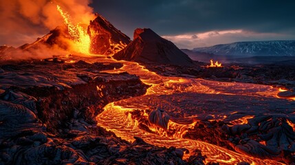 Aerial view of active volcano eruption, lava flows in the air, nature disaster concept. - obrazy, fototapety, plakaty