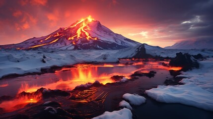 Fototapeta premium Active volcano eruption, lava flows in the air, nature disaster concept.